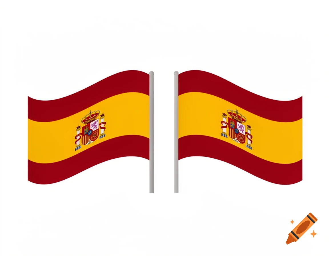Two Spanish flags with their national coats of arms displayed, waving slightly on poles against a white background.