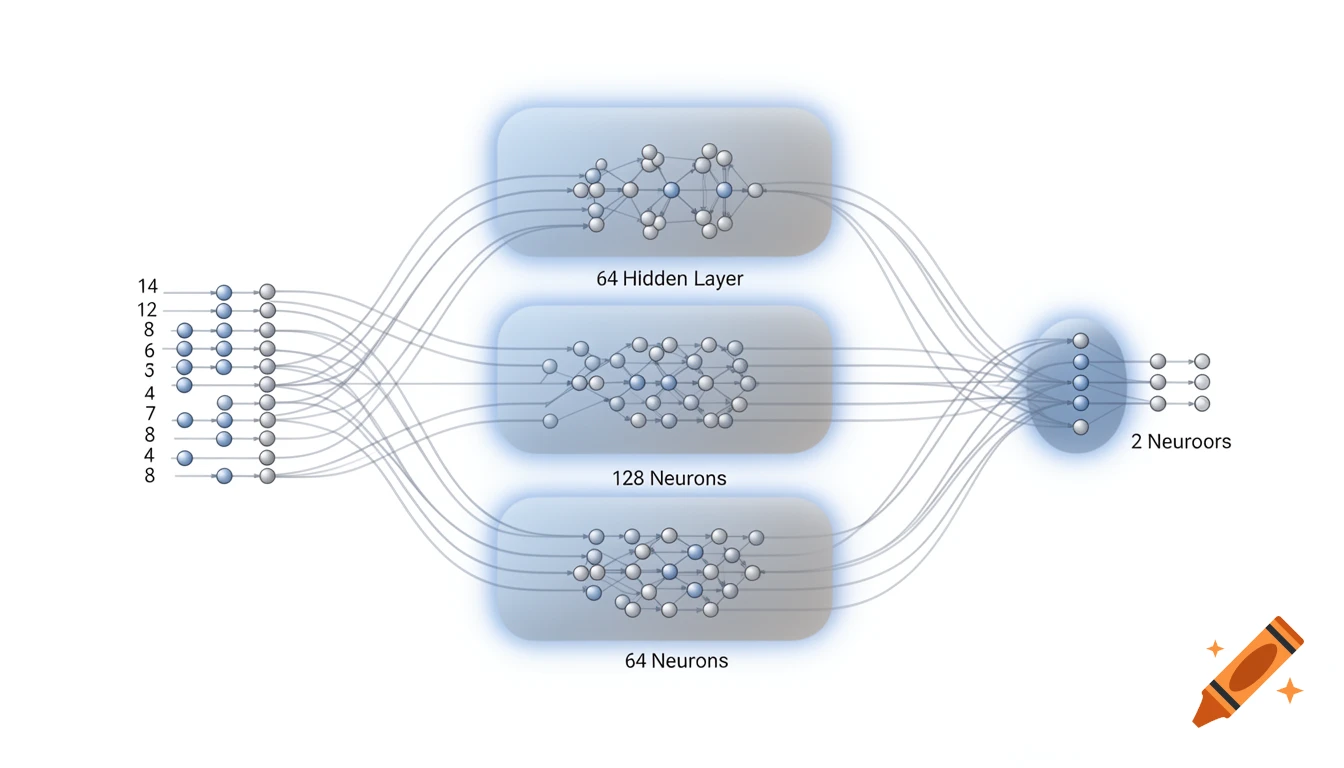 A clear diagram of a neural network architecture with an input layer, three hidden layers, and an output layer, showing connections and neuron counts.