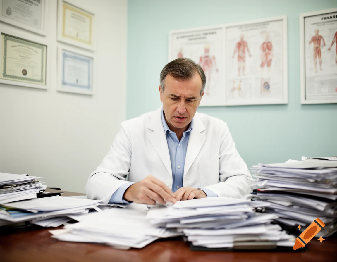 A doctor in a white coat sits at a desk overflowing with paperwork, looking down intently in a realistic photo.