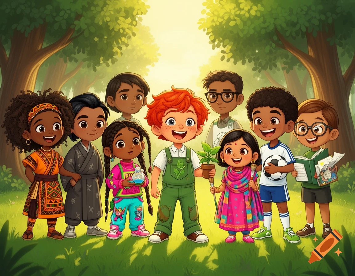 Diverse group of happy children, including a boy planting a seedling, standing in a sunny forest clearing. Cartoon style.