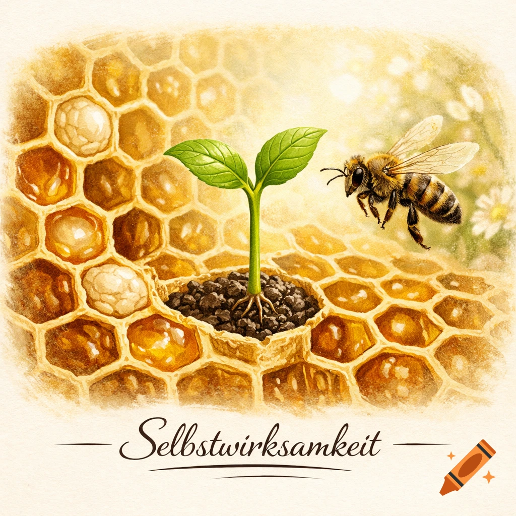 Watercolor illustration of a bee flying near a green sprout growing in a honeycomb cell, surrounded by other cells.