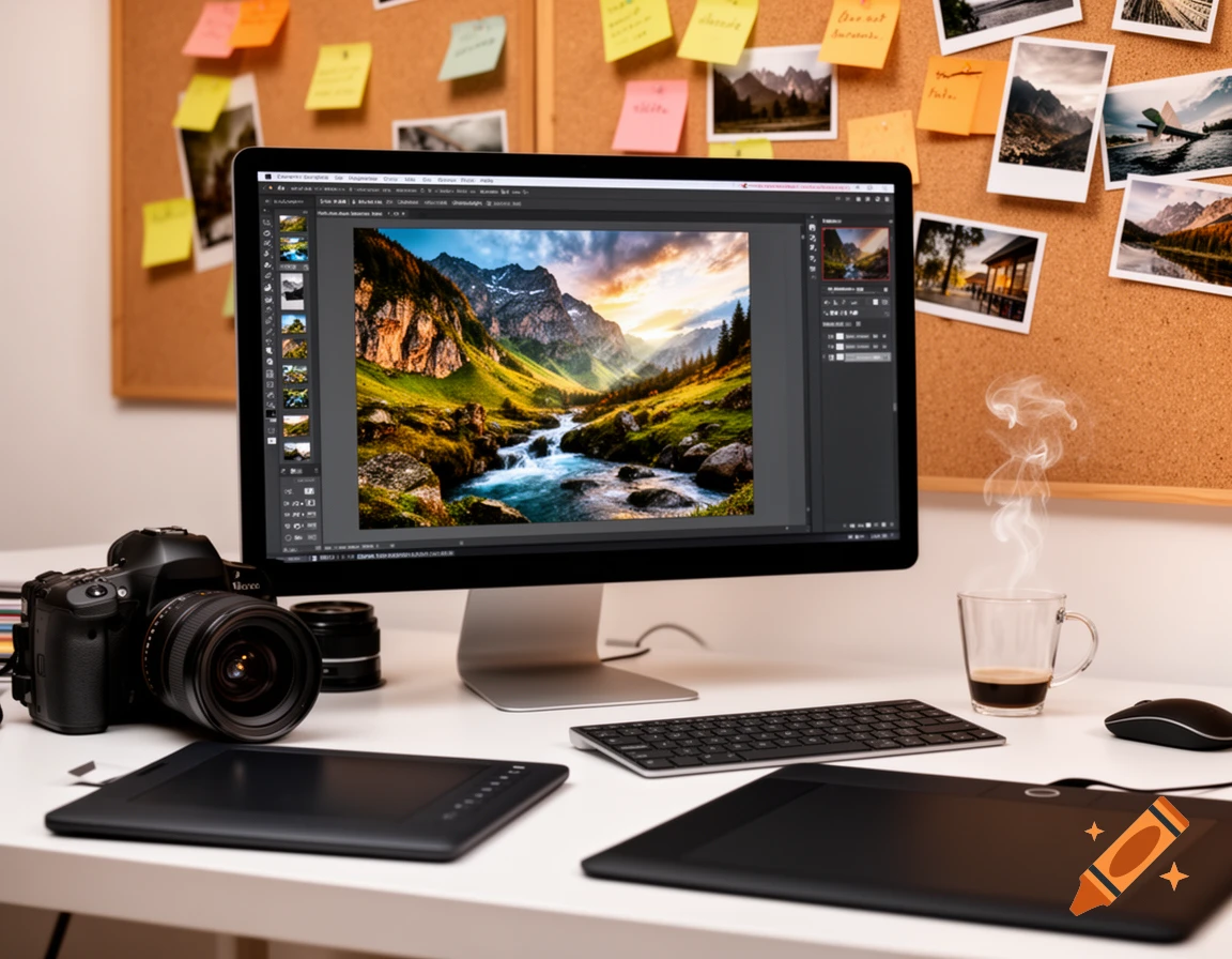 A desk with a computer displaying a landscape image being edited, a DSLR camera, graphic tablets, and a steaming coffee mug. A cork board with photos and notes hangs in the background.