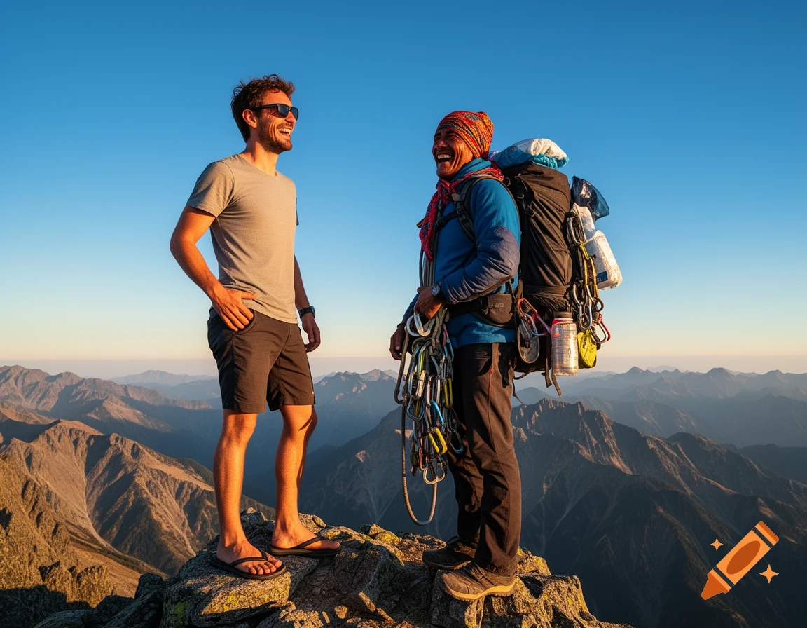 Two men, one in flip-flops and sunglasses, the other a heavily packed hiker, laugh on a mountain peak at sunset, overlooking a vast range.