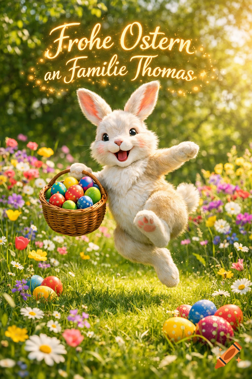 A joyful Easter bunny jumps in a field of colorful flowers, holding a basket of decorated eggs. Text reads 'Frohe Ostern an Familie Thomas'.