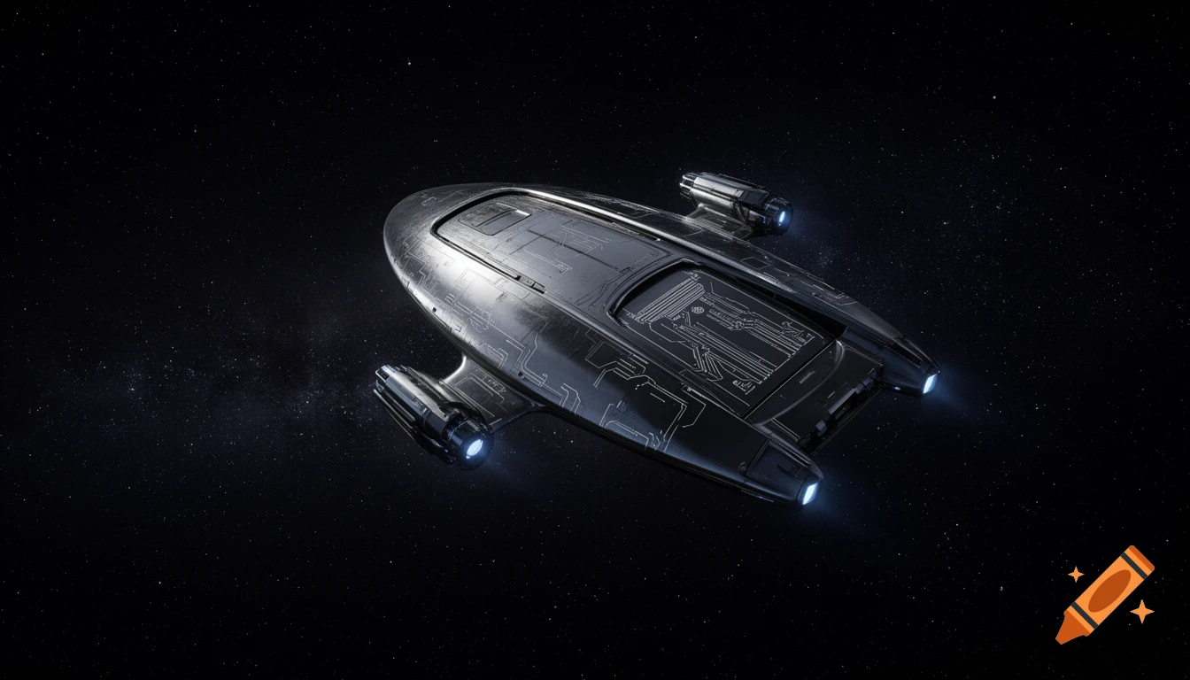 A sleek, dark gray single-person transport spaceship with glowing blue thrusters flies through star-filled deep space.