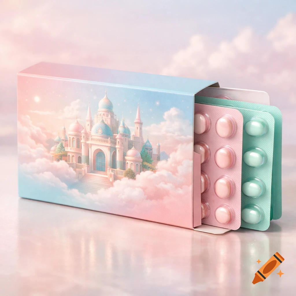 A pastel medicine package with a fantasy castle and clouds design holds pink and green pill blister packs.