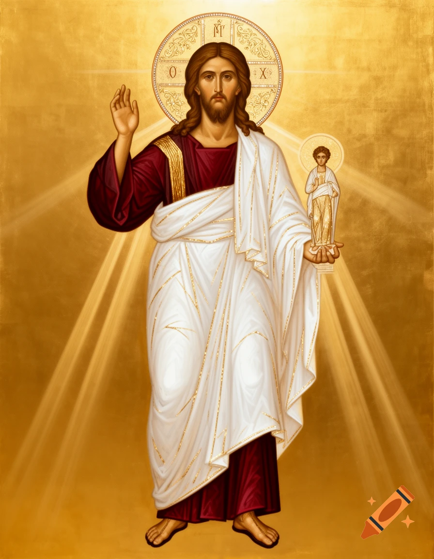 Greek Orthodox icon painting of Jesus, with a halo and rays, holding a small figure, against a solid gold background.