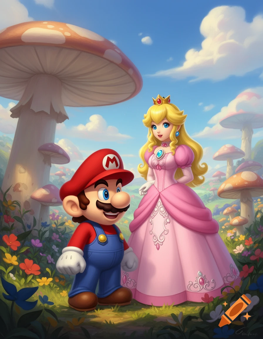 Mario and Princess Peach stand in a vibrant mushroom landscape with colorful flowers under a blue sky.