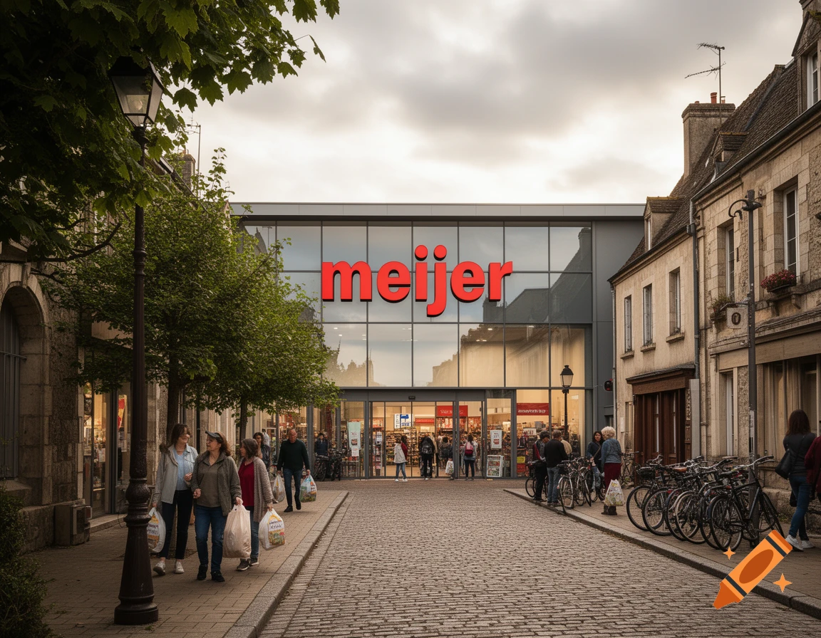 Photorealistic image of a modern Meijer supermarket on a cobblestone street in an old European town, with pedestrians and parked bicycles.