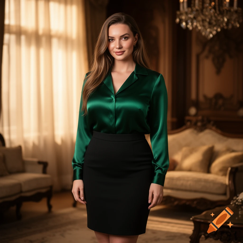 A woman with long brown hair wears a shiny green blouse and black skirt, standing in a luxurious room with a chandelier.