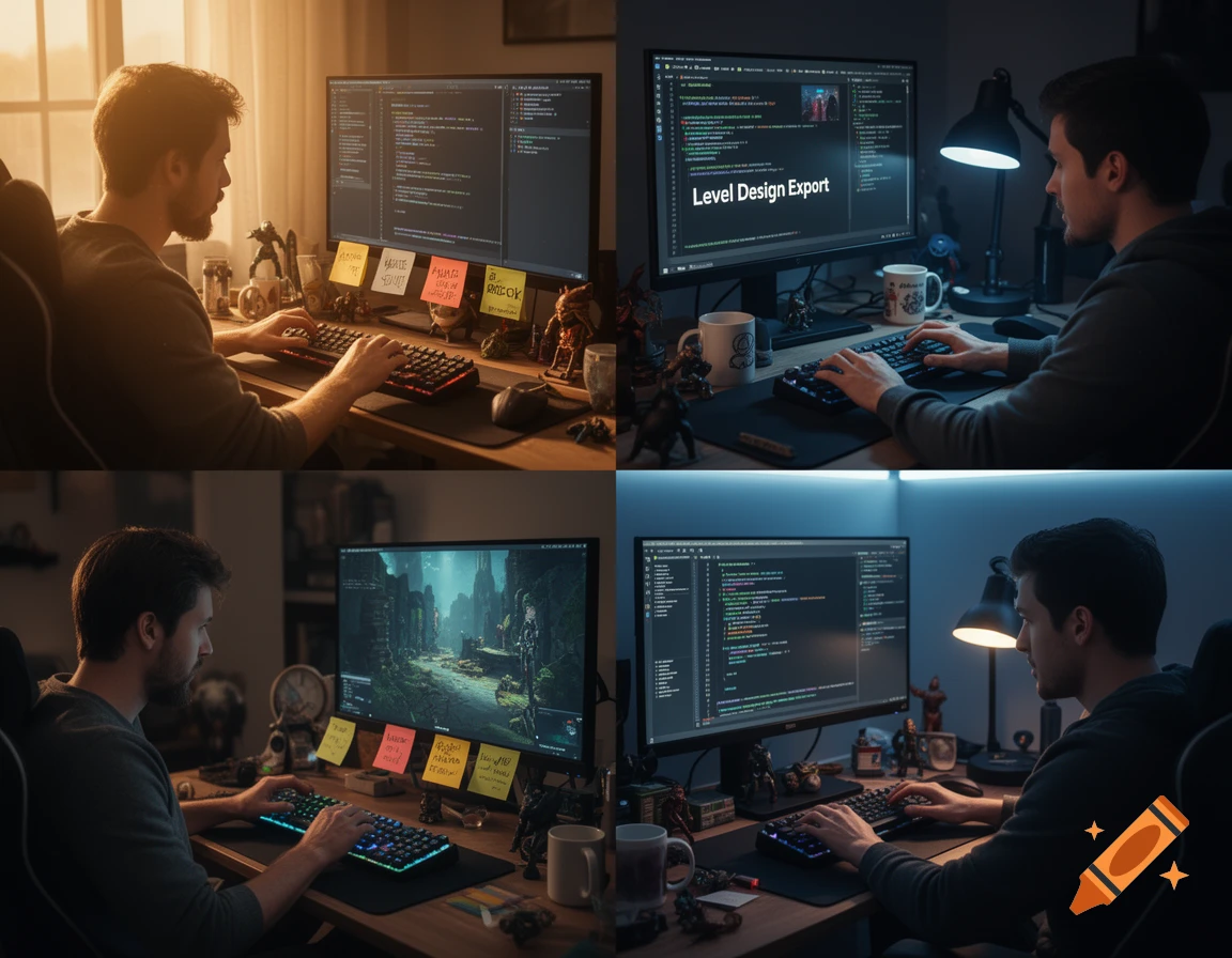 Four panels showing a man working on a computer at a desk, with screens displaying code and a game, and sticky notes visible.
