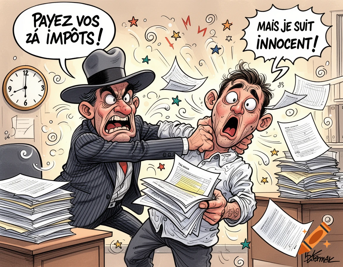 A furious cartoon tax inspector in a suit and hat is strangling a wide-eyed, shocked taxpayer while papers fly around an office.
