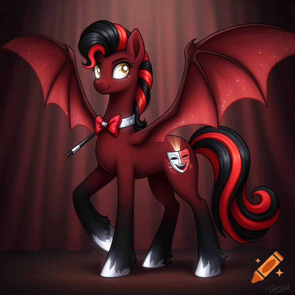 A red Bat Pony with black and red mane, bat wings, a red bow tie, and a theatrical mask cutie mark stands on a stage with red curtains.