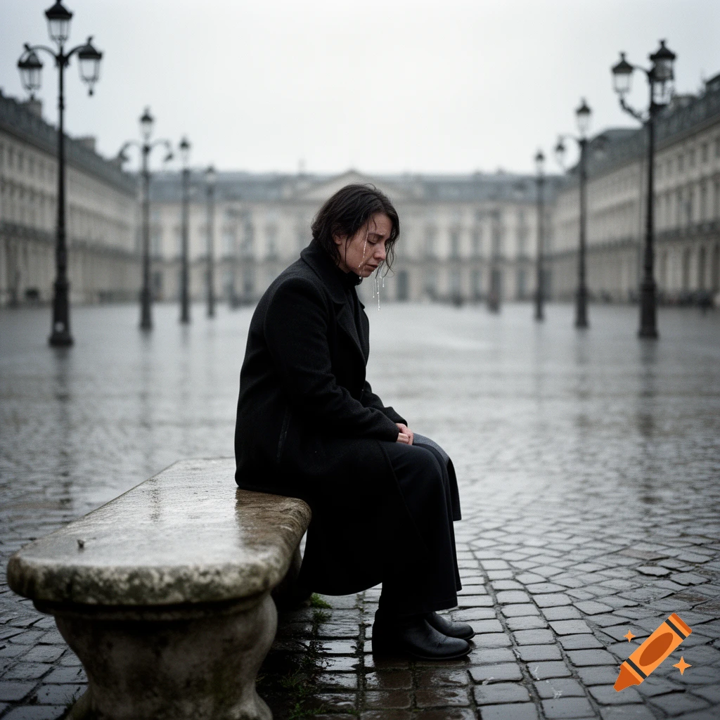 A person in a black coat sits weeping on a stone bench in a rainy urban plaza with historic buildings in the background, photorealistic.