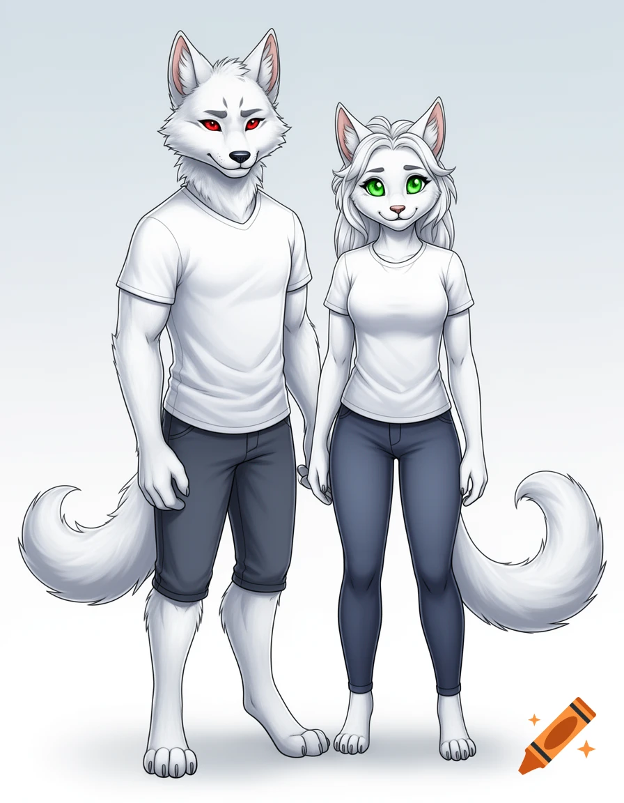 Digital illustration of two white-furred wolf-cat hybrid characters, a male with red eyes and a female with green eyes, wearing casual clothes.