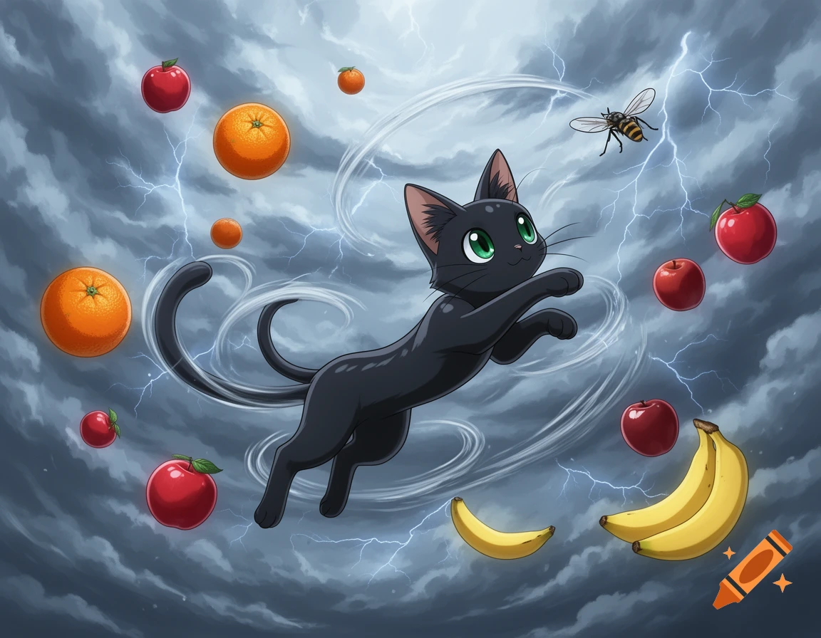 An anime black cat with green eyes leaps through a stormy sky filled with lightning, floating apples, oranges, bananas, and a bee.