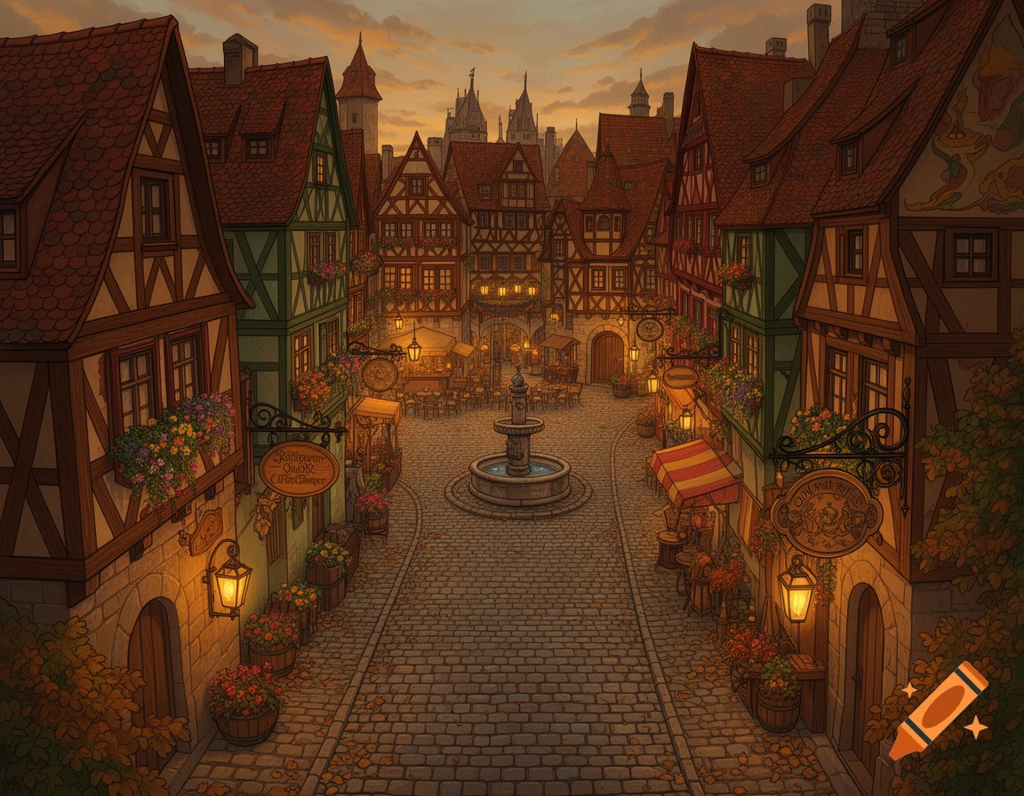 Charming medieval cobblestone street with half-timbered buildings, a central fountain, and lanterns, under a warm sunset sky.