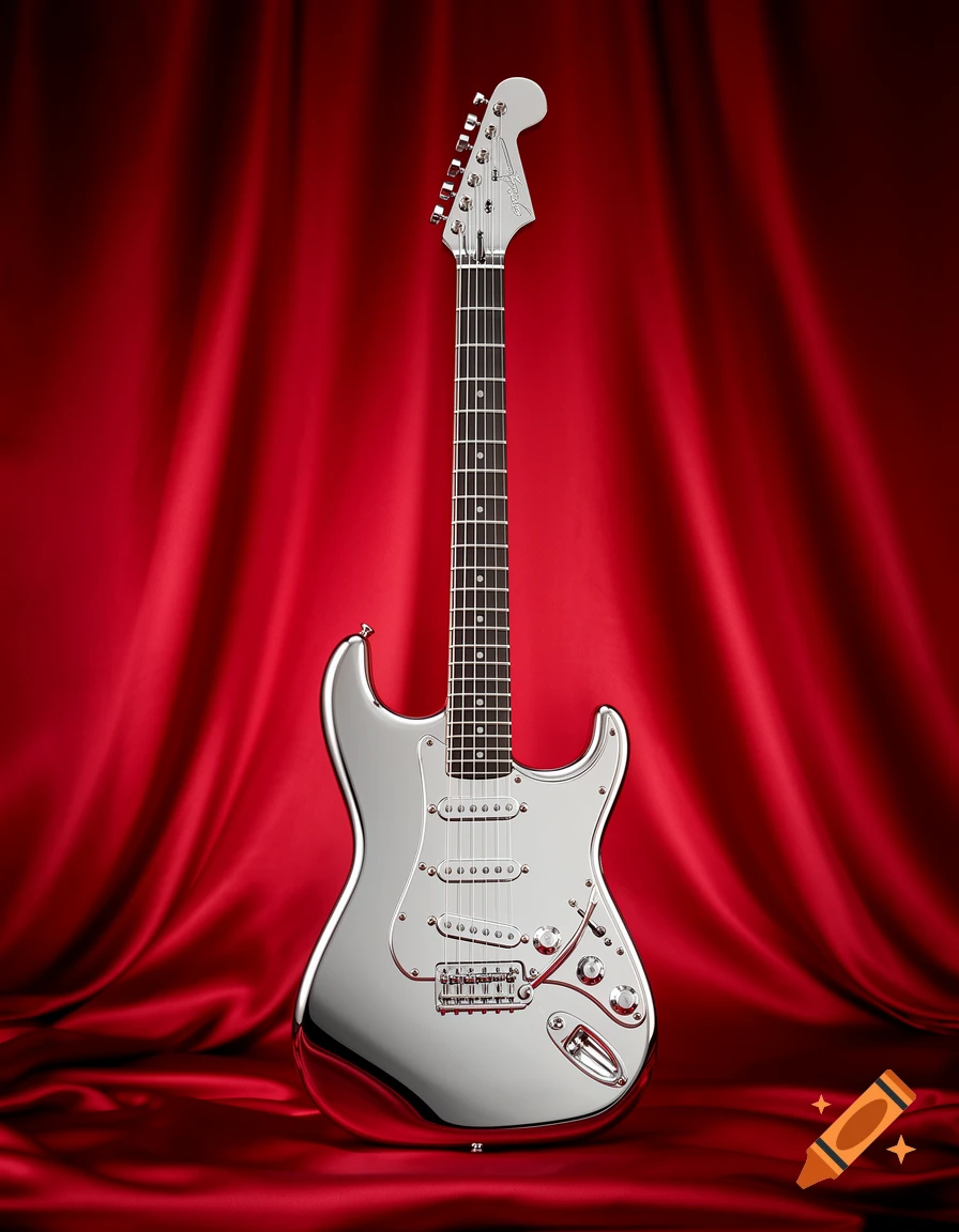 A gleaming chrome Fender Stratocaster electric guitar stands vertically against a luxurious red silk background.