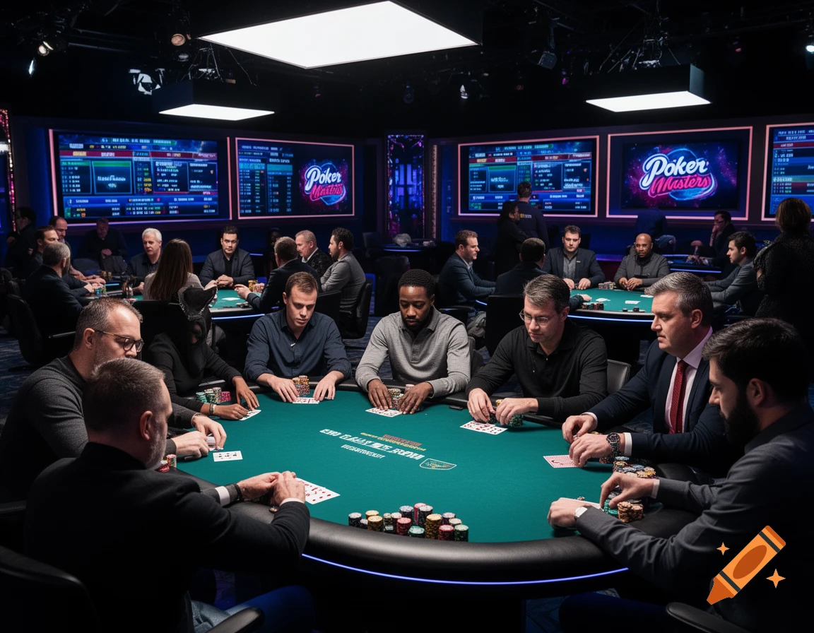 A vibrant poker tournament scene featuring multiple players at green felt tables under bright lights, with large screens displaying 'Poker Masters'.