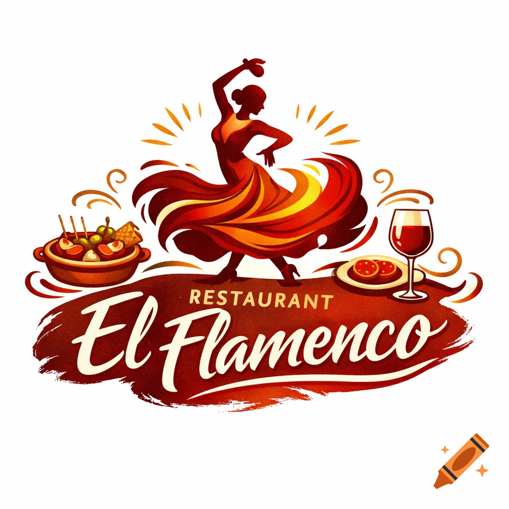 Stylized logo for 'El Flamenco Restaurant' featuring a flamenco dancer, tapas, and a glass of wine.