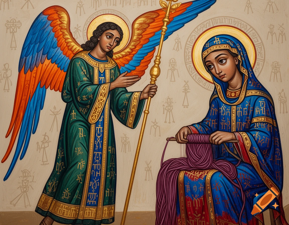 An Ethiopian Orthodox style mural painting showing the Archangel Gabriel with colorful wings approaching the Virgin Mary, who is seated and spinning purple wool. Both figures wear ornate, gold-accented garments with script-like patterns, against a background of spiritual symbols.