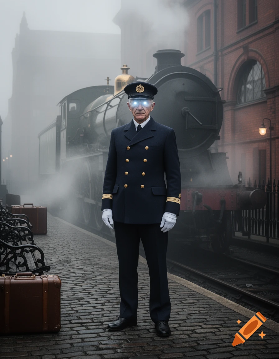 Photorealistic 1900s train conductor with glowing eyes stands on a misty station platform next to a steam train, luggage nearby.