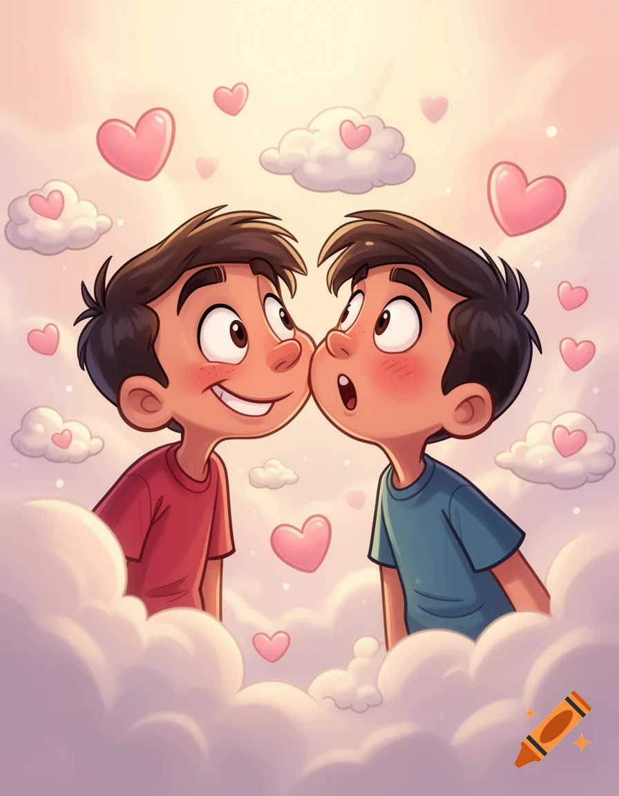 Two cartoon boys share an affectionate moment among pink hearts and clouds.