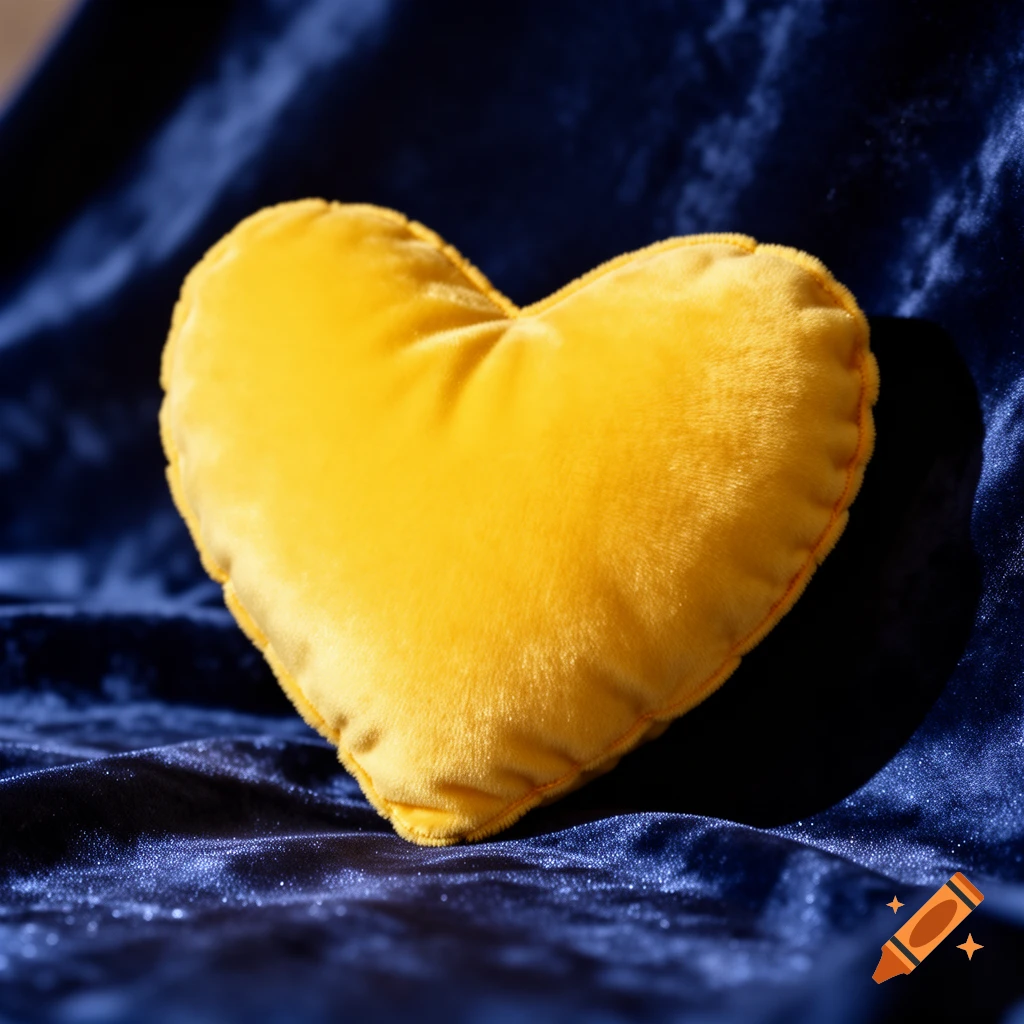 A yellow heart-shaped velvet pillow rests on a dark blue velvet surface with soft lighting.
