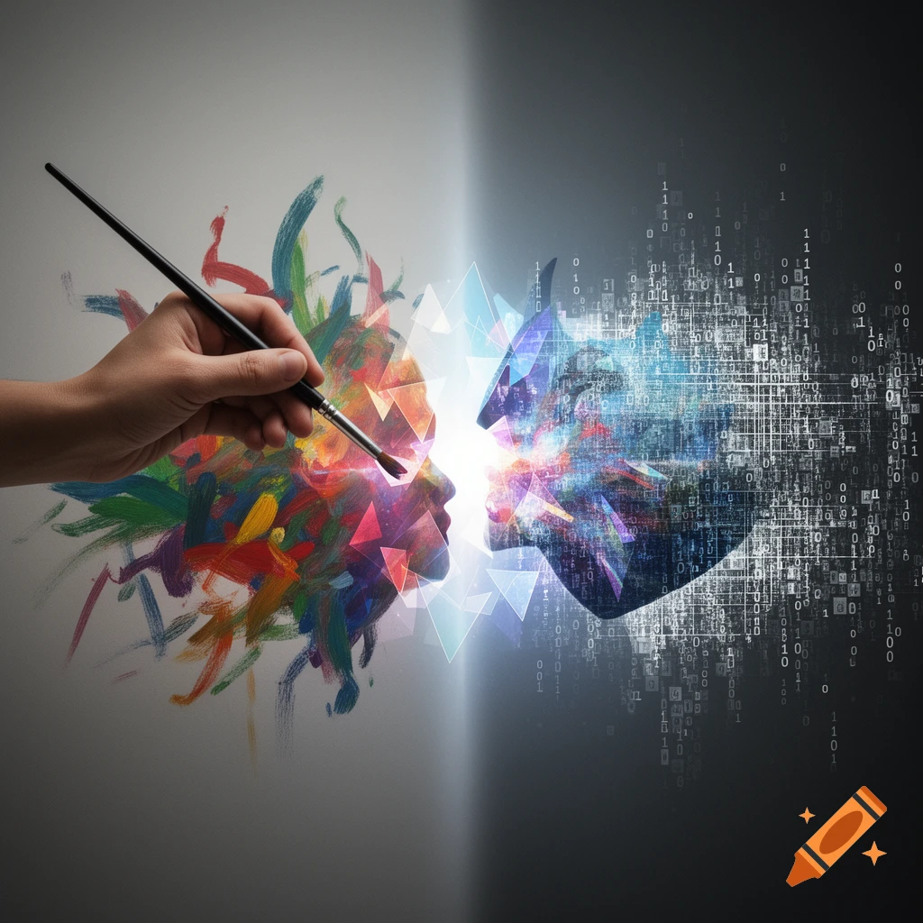 A double exposure image contrasting human art and AI art. A hand paints vibrant, abstract strokes next to a silhouette filled with binary code and geometric patterns.