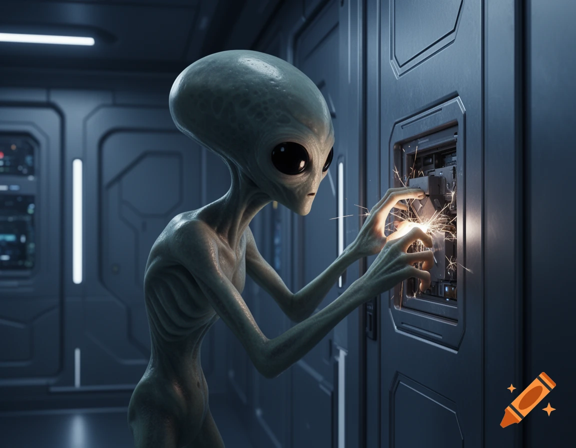 A grey alien with large dark eyes and long fingers works on a sparking control panel inside a futuristic, metallic spaceship room.