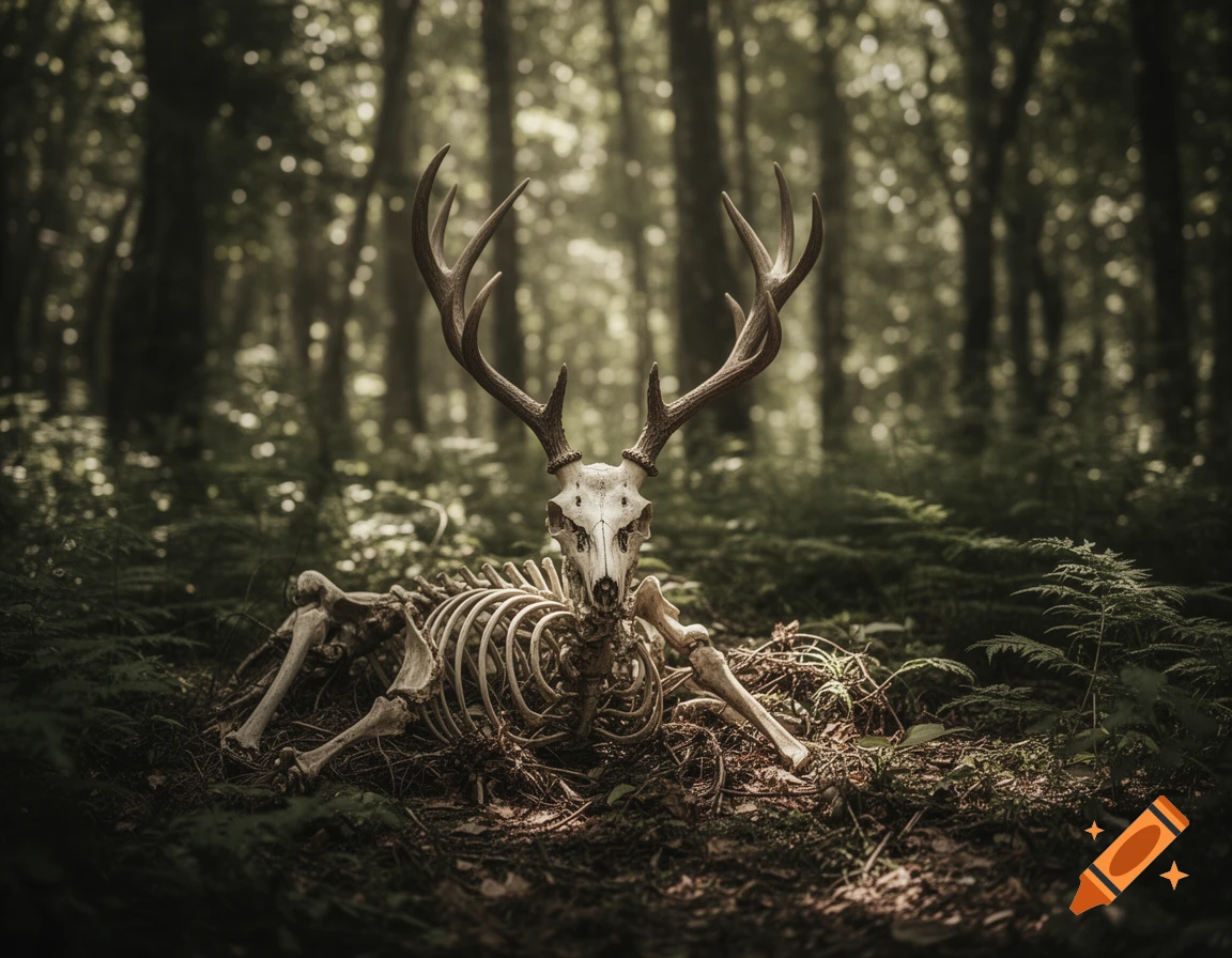 A deer skeleton with antlers lies on the forest floor, surrounded by ...