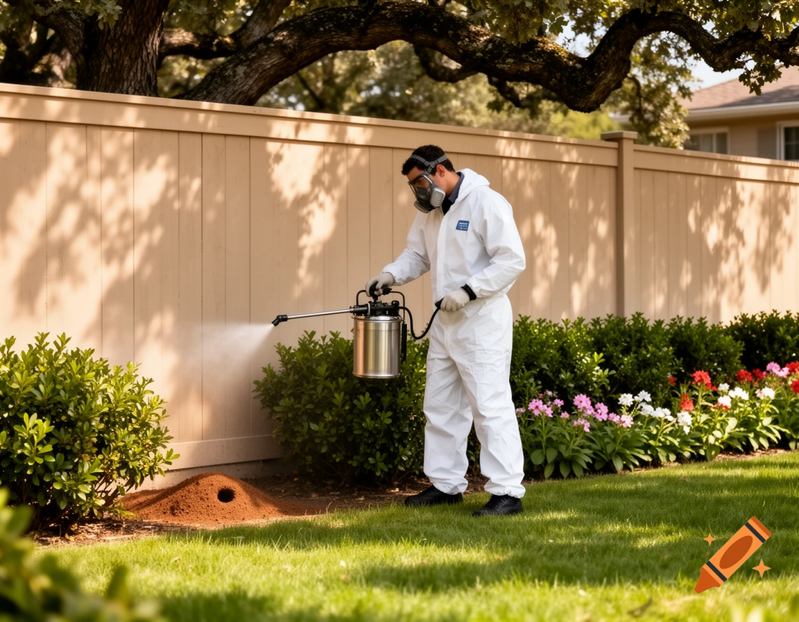A person in a white protective suit and gas mask sprays an ant hill in a green backyard with a fence and flowering bushes.