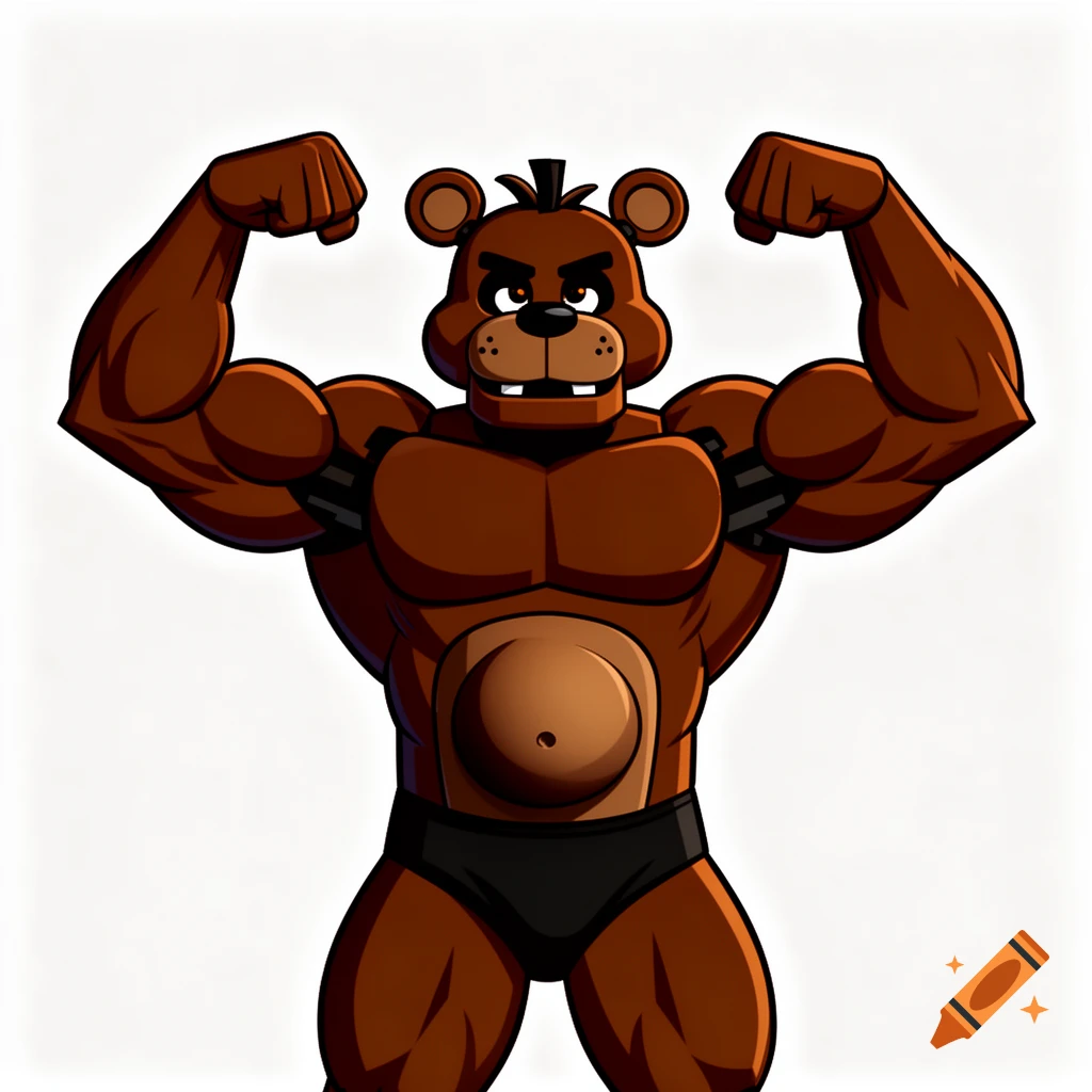 Cartoon Freddy Fazbear, a muscular brown bear character, flexing his biceps while wearing black speedos against a white background.