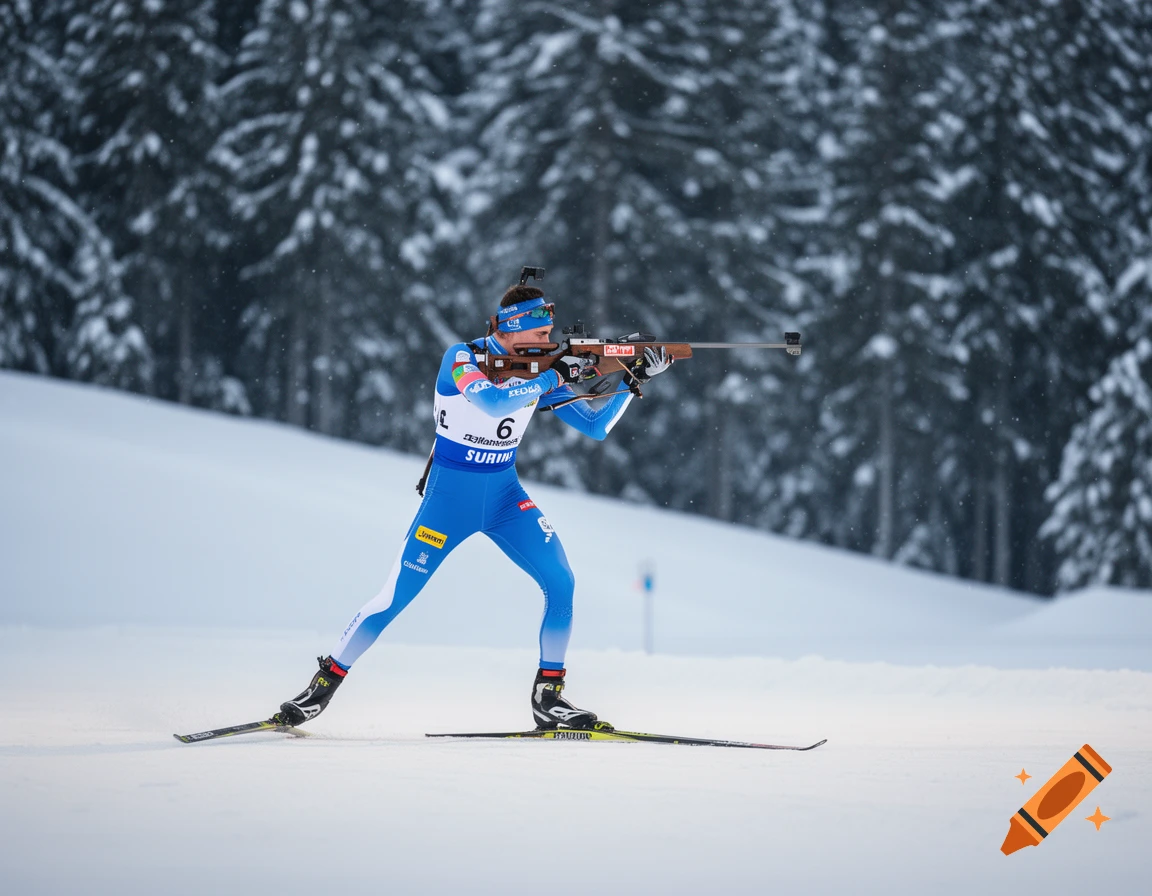 Biathlete in a blue and white suit on skis aiming a rifle in a snowy forest landscape.