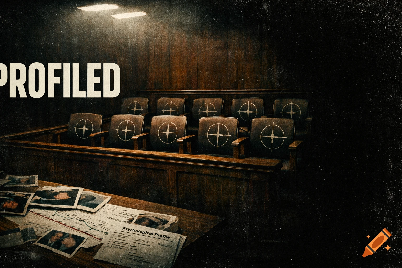 A dark, gritty image of an empty courtroom jury box with target reticles on the chairs. Evidence documents and photos are on a table. The word "PROFILED" is in bold white text.