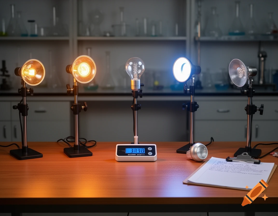 A laboratory experiment setup with five different light bulbs on stands, some glowing, on a wooden table. A digital meter shows a reading, and a notepad with illegible writing is on the right. Beakers and glassware are visible in the background.