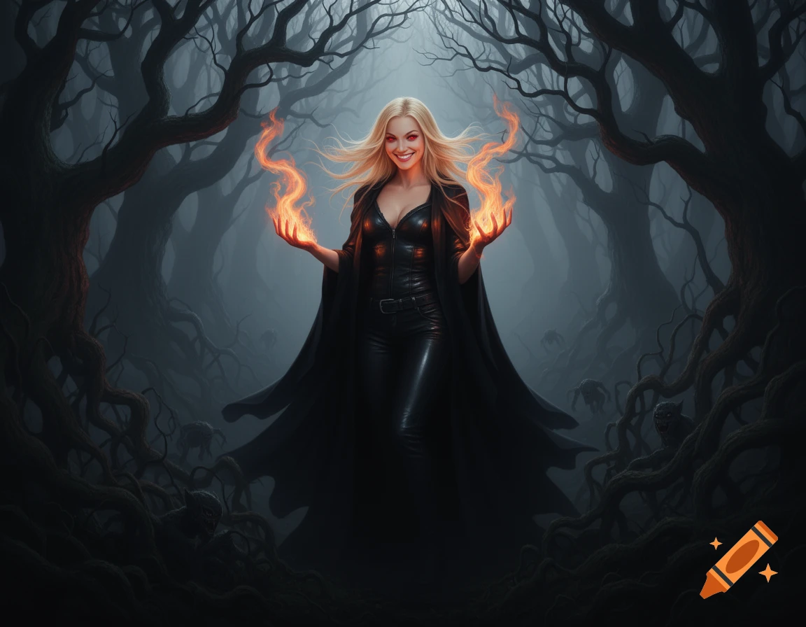 A smiling blonde sorceress with red eyes and fiery hands in a dark, haunted forest with lurking shadowy monsters.