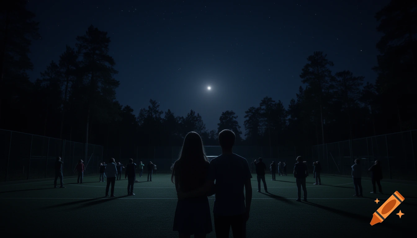A couple and others stand on an outdoor court at night, looking at the moonlit sky with silhouetted trees in a cinematic style.