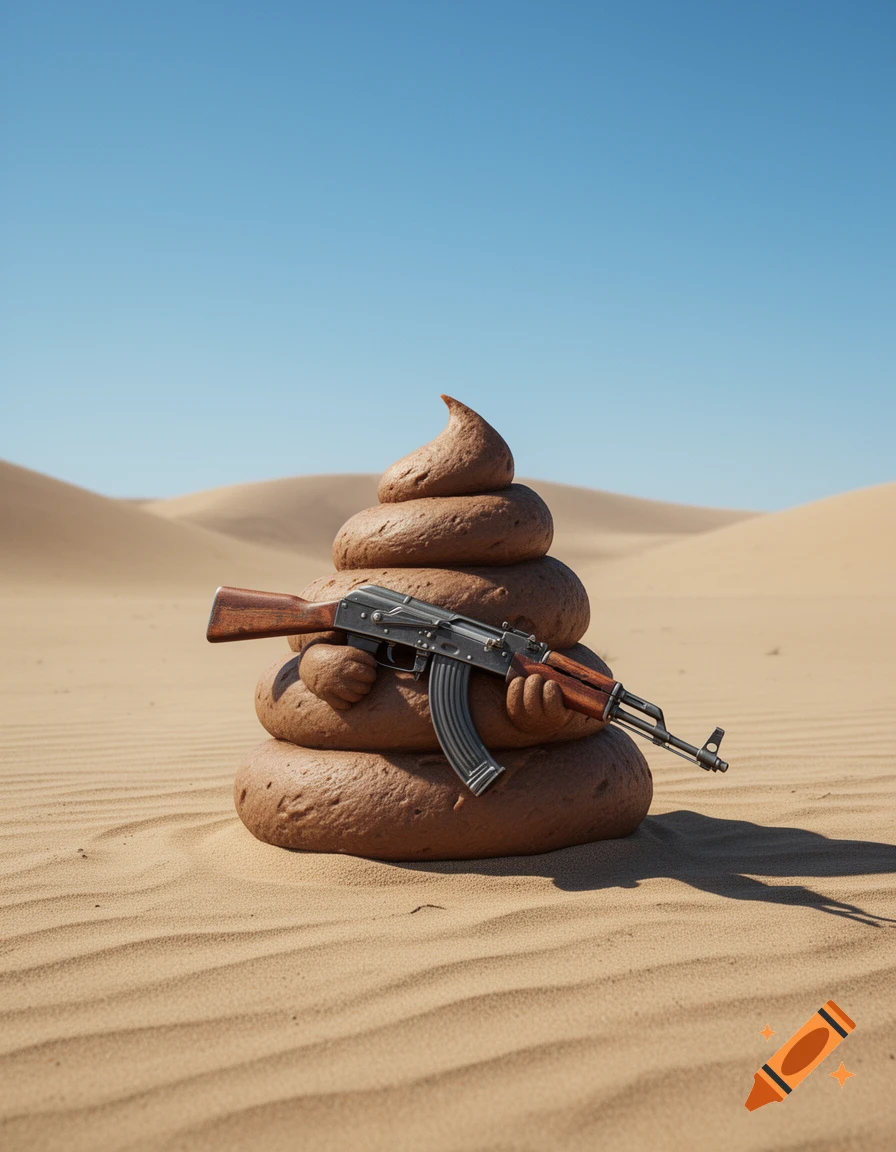 A photorealistic pile of feces holding an AK-47 assault rifle in a vast desert landscape.