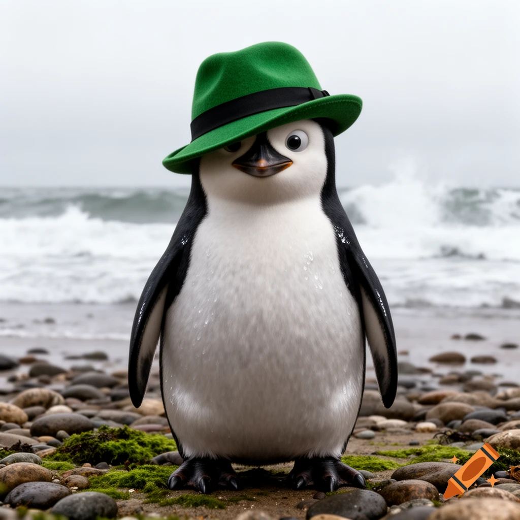 A photorealistic penguin wearing a green fedora hat stands on a rocky beach with ocean waves behind it.