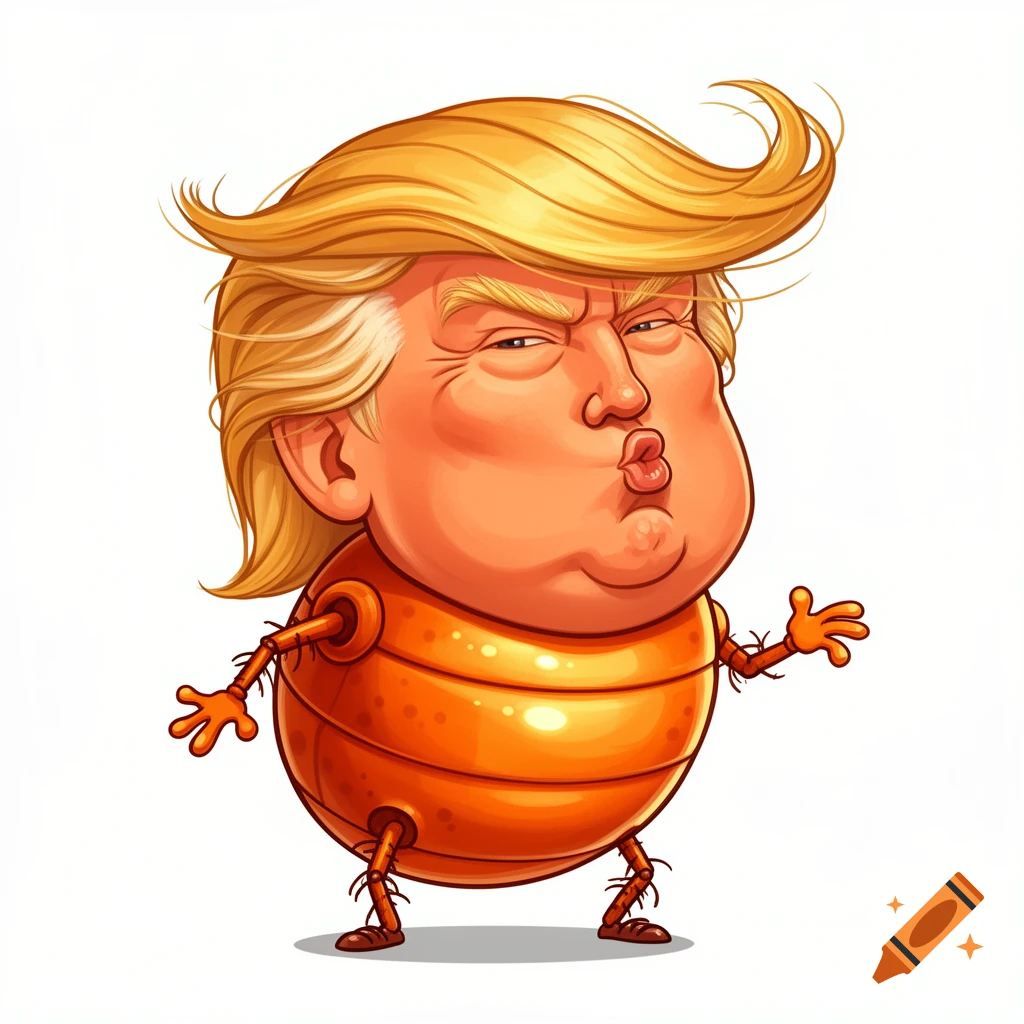 Humorous cartoon caricature of Donald Trump as a tiny orange bug with a pouty mouth, messy hair, and tiny legs.