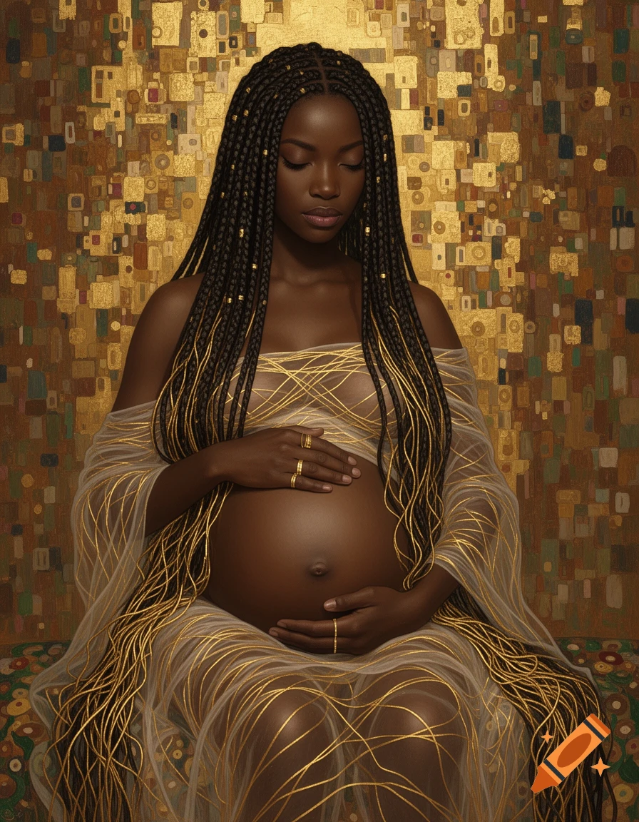 A pregnant Black woman with gold-threaded braids, wearing a sheer gown, cradles her belly against a golden mosaic background in Klimt's style.