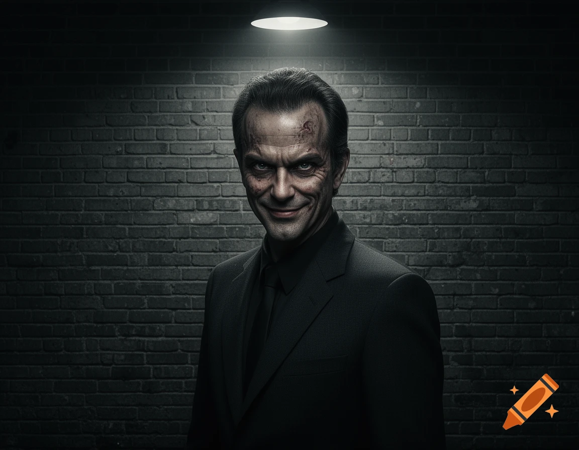 A sinister man with a scarred face and a creepy smile, wearing a dark suit, stands under a spotlight against a brick wall.