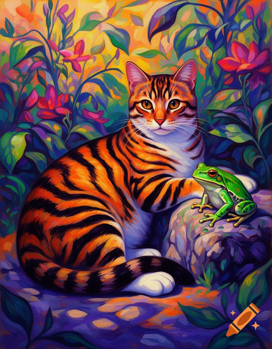 A tabby cat with tiger-like stripes poses with a green frog on a rock, surrounded by lush, vibrant fauvist foliage.