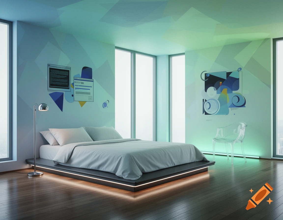 A futuristic bedroom in a liminal space, featuring a bed with underglow lighting, large windows, and abstract green and blue geometric wall art with digital interface elements.