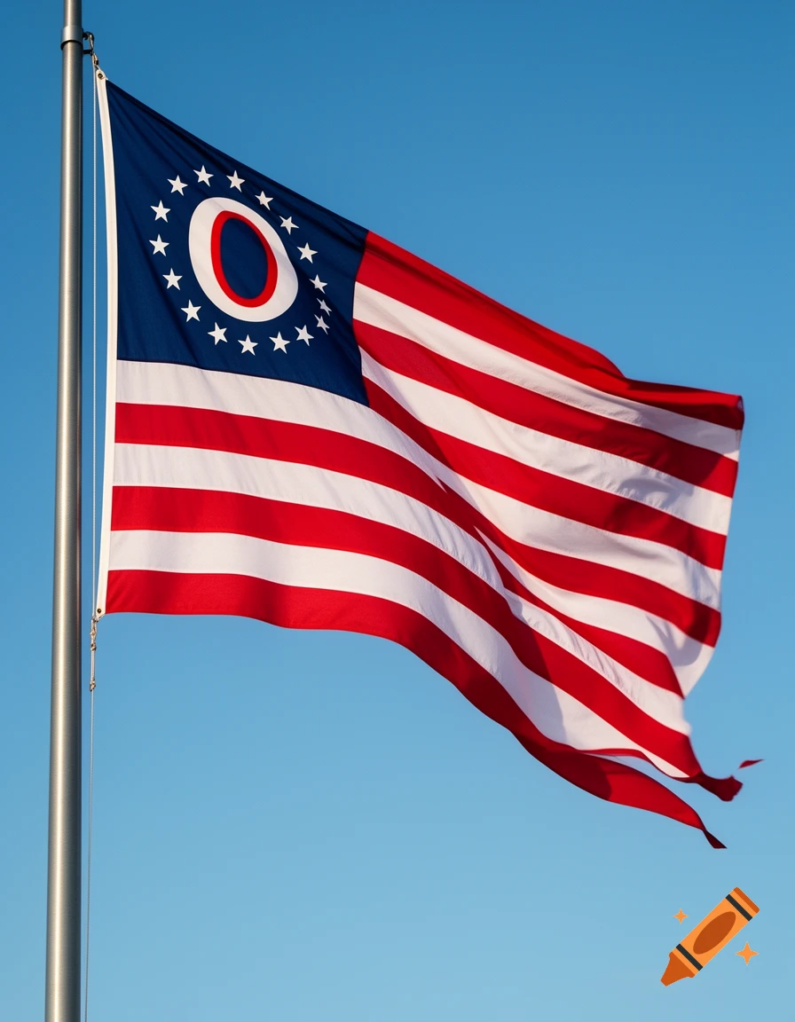 The swallowtail-shaped Ohio state flag with red and white stripes and a blue canton with a white ring and stars, waves against a clear blue sky.