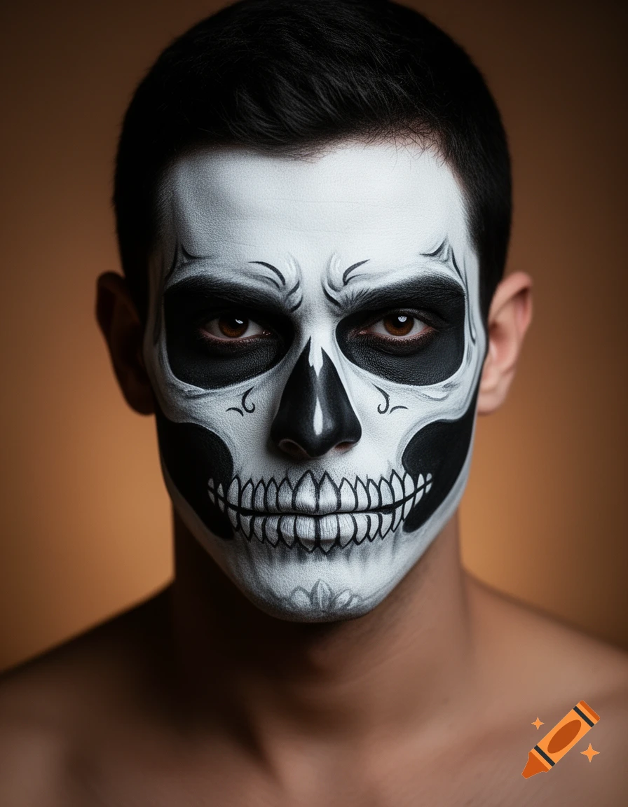 Close-up photorealistic portrait of a man with intricate black and white skull face paint against a brown background.