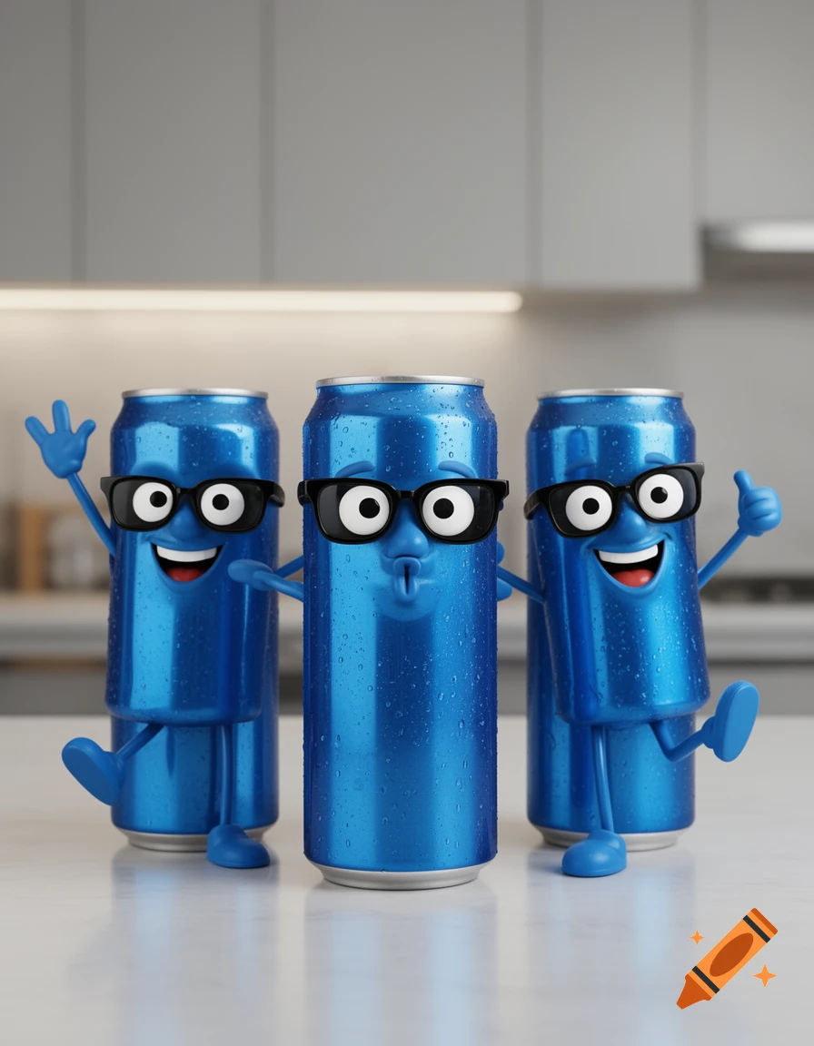 Three anthropomorphic blue soda cans with black glasses, arms, and legs, one waving, one pouting, and one giving a thumbs-up on a kitchen counter.