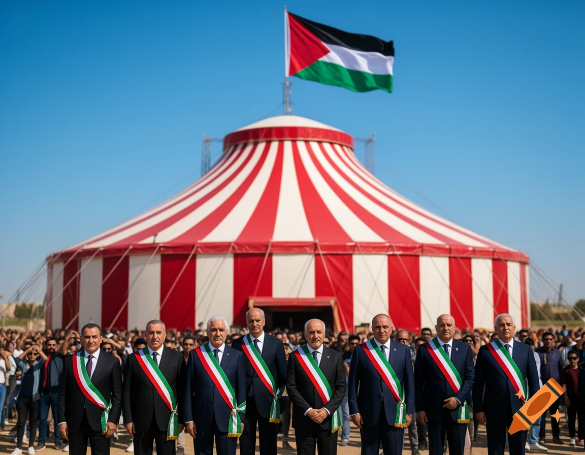 Seven men in suits with tricolor sashes stand before a large red and white striped circus tent flying a Palestinian flag under a clear blue sky, with a crowd in the background.