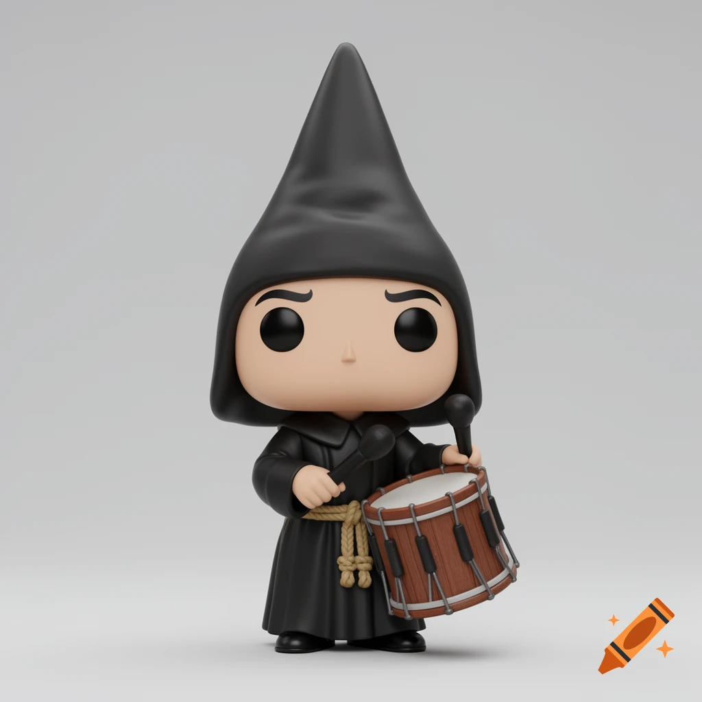 A 3D render of a Funko Pop figure of a Spanish Semana Santa cofrade in a black robe and pointed capirote, playing a drum.